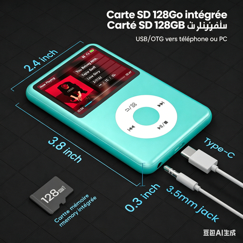 مشغل MP3 مزود بتقنية بلوتوث وشاشة، بحجم 2.4 بوصة، وصوت عالي الدقة، وإصدار فيديو محسّن.