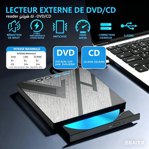 Lecteur DVD externe 7 en 1 : Un lecteur CD-DVD externe multifonction, compact et portable, interfaces Type-C, USB-A et SD-TF, prenant en charge les CD et DVD de lecture, adaptable aux PC et auxiliaires portables.