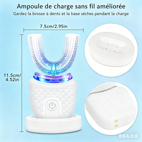 Brosse à dents électrique en forme de U, nettoyage complet de la bouche à 360°, indice d'étanchéité IPX7.