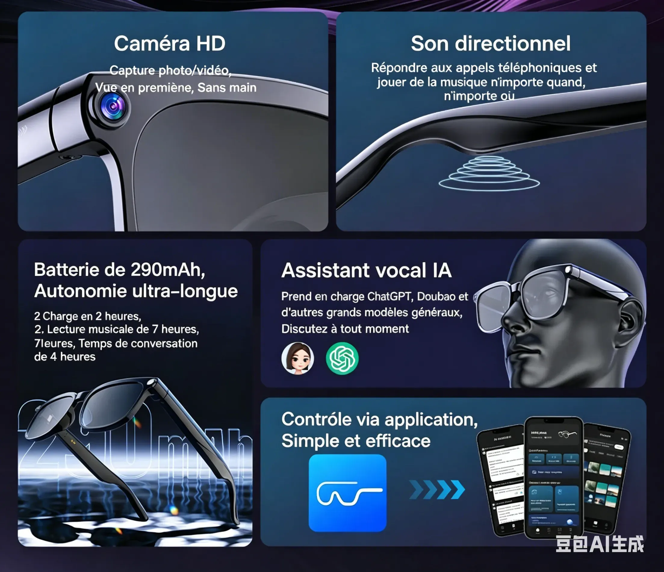 Lunettes intelligentes Bluetooth avec caméra