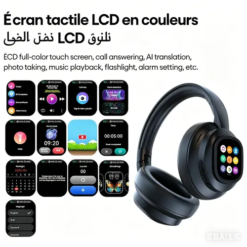 سماعات أذن لاسلكية مزودة بشاشة لمس، وشاشة LCD، ووظيفة شحن، وخاصية إلغاء الضوضاء، وصوت جهير عميق.