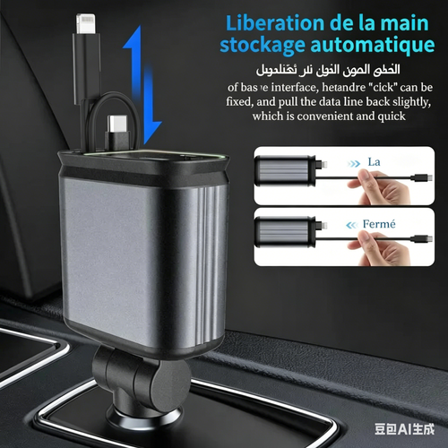 Chargeur de voiture 4 en 1 avec câble rétractable, deux ports de charge, éclairage LED étoilé sur le dessus et fonction d'aromathérapie.