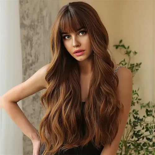 🙌🏾Peruca longa ondulada feminina com cabelo pré-esticado 🧡 Peruca com