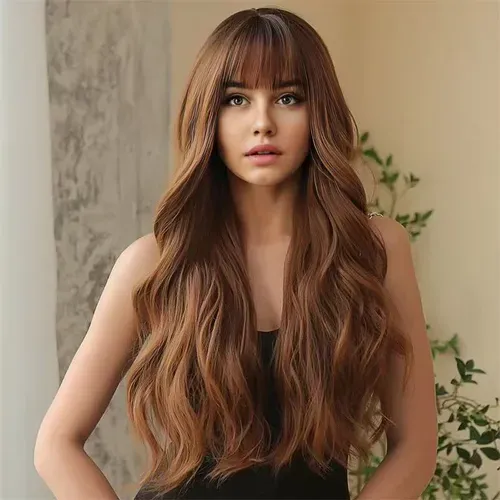 🙌🏾Peruca longa ondulada feminina com cabelo pré-esticado 🧡 Peruca com