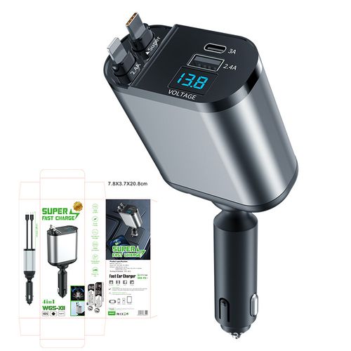 120W Fast Charging Retractable Car Phone Station Charger 4in1 LED Digital Display 2 Cables Type C PD Quick Adapter for IPhone 16