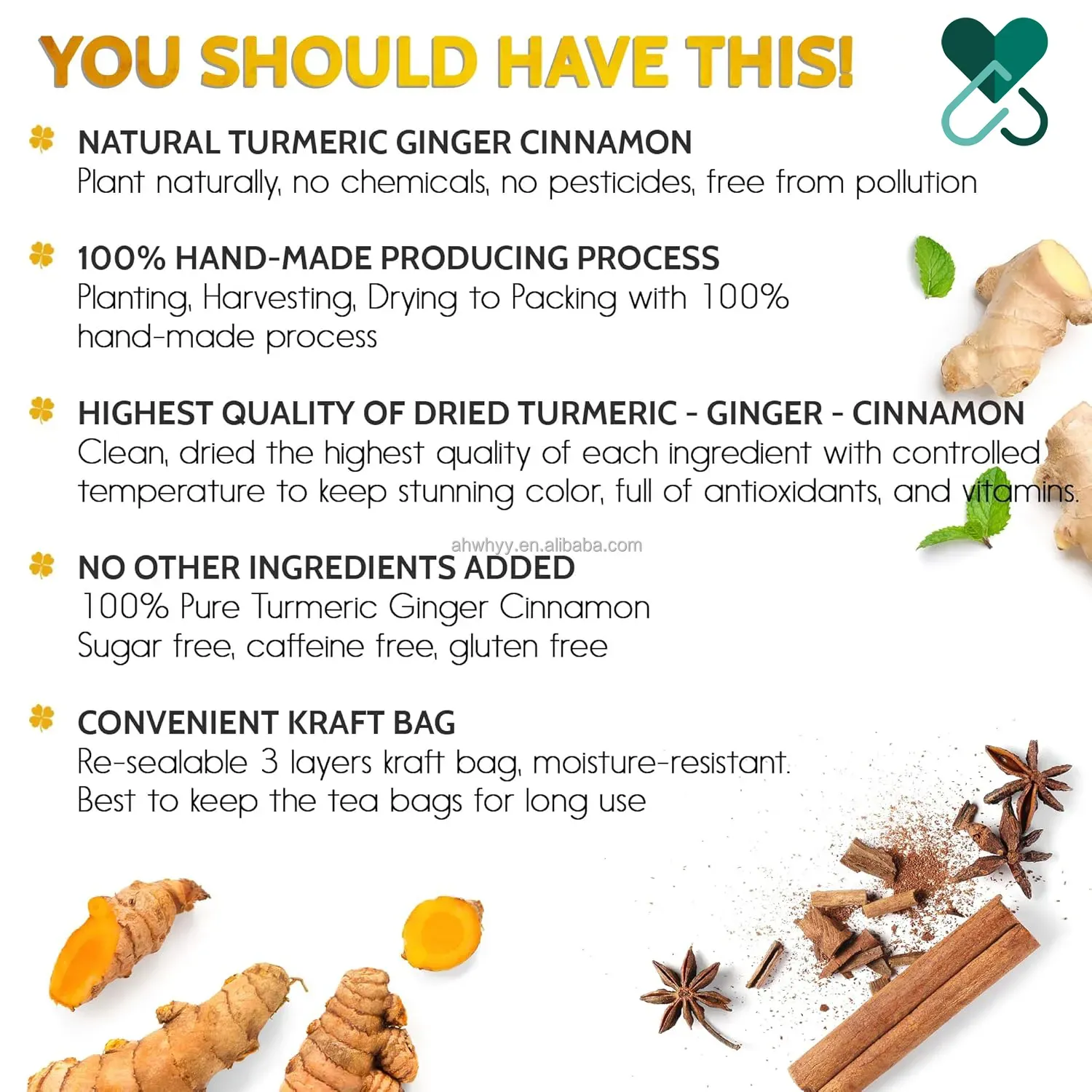 High Quality Ingredients Natural Organic Ginger Tea Premium Natural Turmeric Ginger Cinnamon Tea Bag