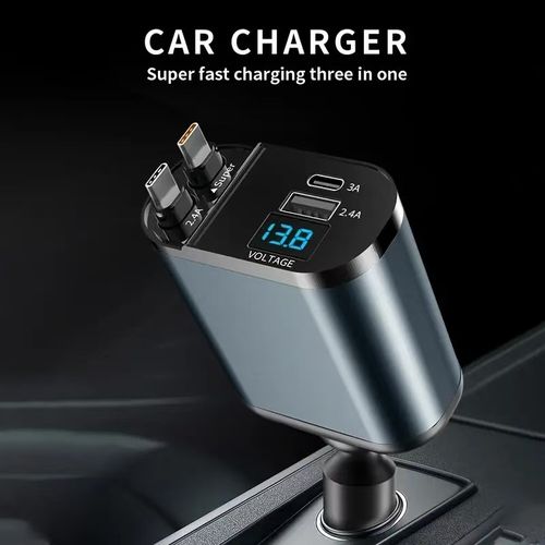 120W Fast Charging Retractable Car Phone Station Charger 4in1 LED Digital Display 2 Cables Type C PD Quick Adapter for IPhone 16