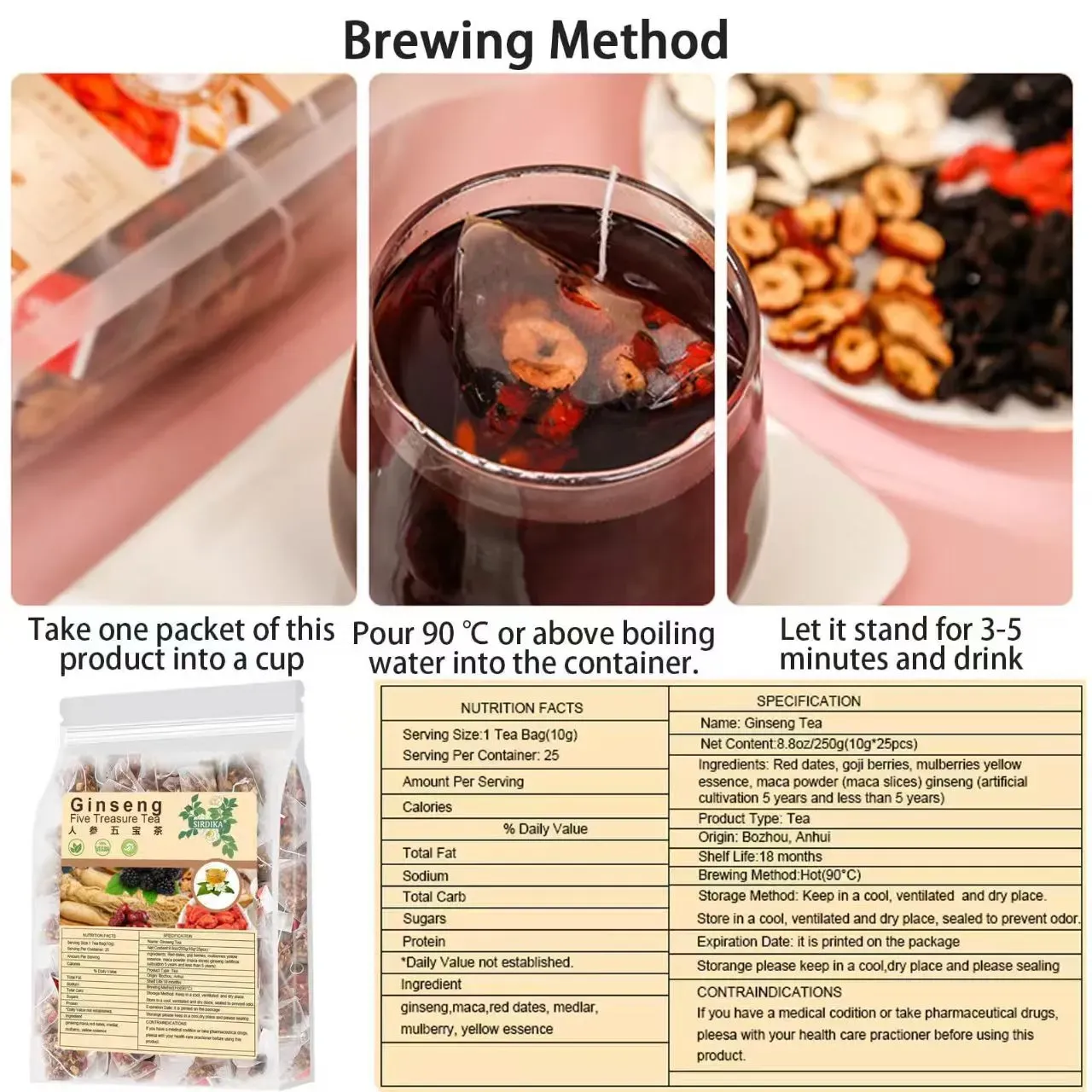 Blended Five Treasure Ginseng Flavor Tea Bagged and Bottle-Packed Premium Tea