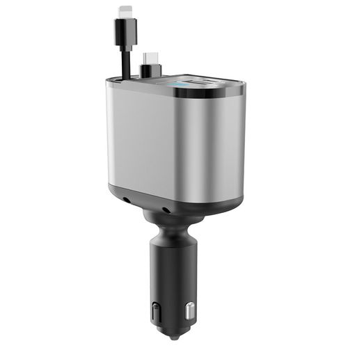 120W Fast Charging Retractable Car Phone Station Charger 4in1 LED Digital Display 2 Cables Type C PD Quick Adapter for IPhone 16