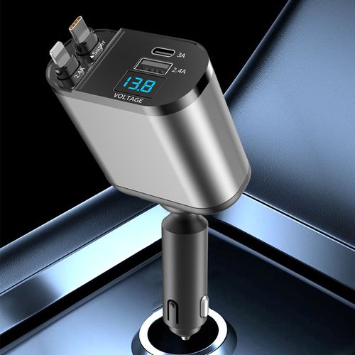 120W Fast Charging Retractable Car Phone Station Charger 4in1 LED Digital Display 2 Cables Type C PD Quick Adapter for IPhone 16