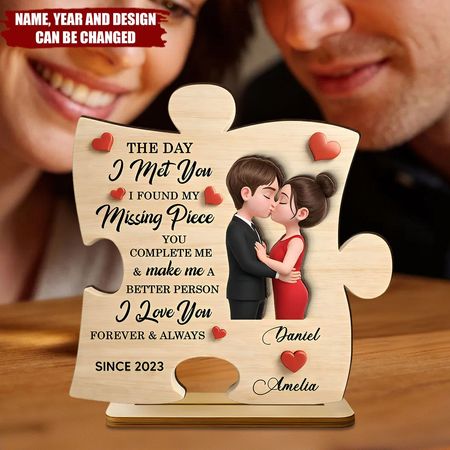 Der Tag, an dem ich dich traf, Puzzle-Zeichen-Personal isierte 2-geschicht-Holzplakette-Jubiläum, Valentinstag geschenk, Geschenk für ihn, Geschenk für sie