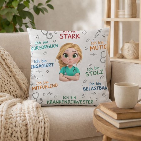 Personalisiertes Kissen mit Krankenschwester-Motiv – Ein inspirierendes Kissen mit dem Namen einer Krankenschwester, inklusive Kissenfüllung.