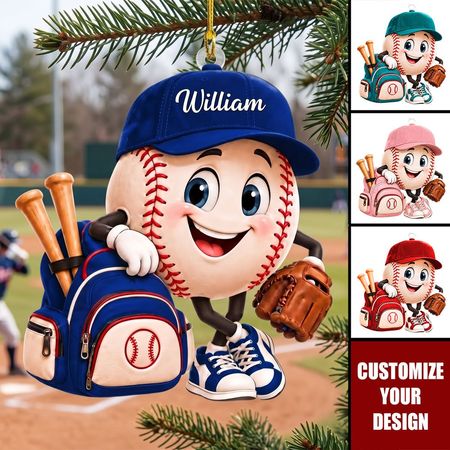 Personalisierte Baseball-Weihnachtskugel mit Maskottchen und Namen – Weihnachtsdeko für Baseballspieler