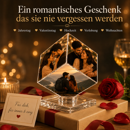 Individuelles 3-Foto-Kristalldiamant-Erinnerungsstück – Personalisiertes, romantisches Foto-Display-Geschenk für Paare