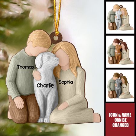 Paar und Hunde – 3D-Effekt – Personalisierter Holzschmuck – Weihnachtsgeschenk für Sie und Ihn