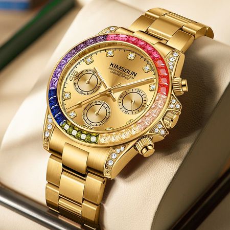 ⌚KIMSOUN Men's Business Fashion Rhinestone Decorated AnalogQuartz Watch Rainbow Crystal Chronograph Quartz Movement Luminous Date WaterResistant for Party Daily Wear Birthday