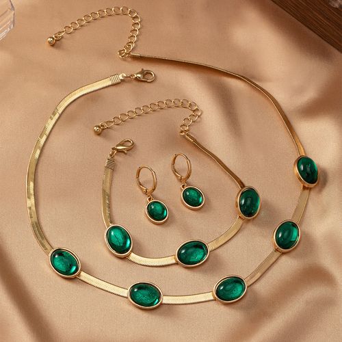 Emerald Jade Emerald Necklace Earrings Bracelet Three-piece