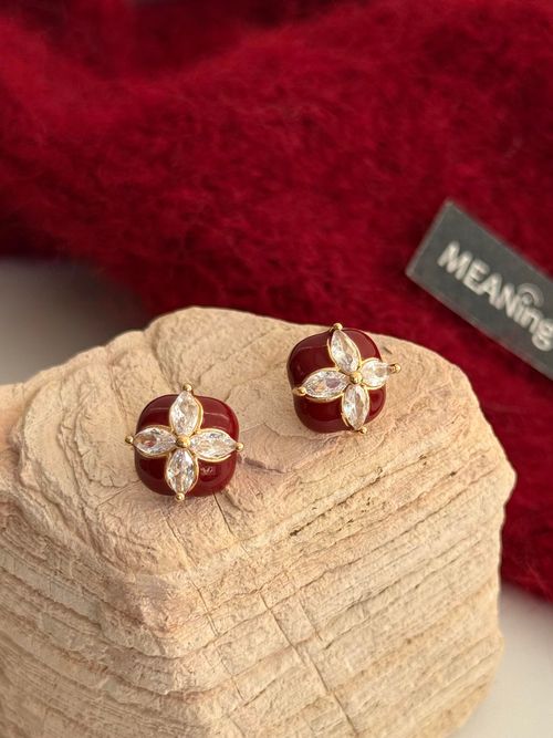 vintage retro four-leaf clover zircon red dripping oil earrings🍀