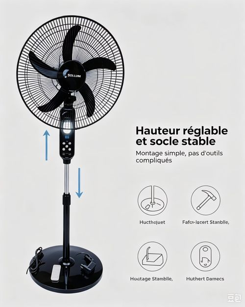solaire 16 pouces sur pied SOLILUM | 7 pales de ventilation, batterie intégrée, lampe LED, livré avec panneau solaire complet