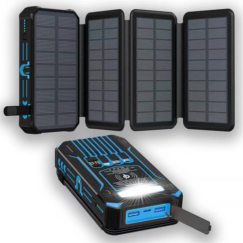 Bateria externa solar de 20000mAh com painéis dobráveis, carregamento sem fio e lanterna LED.