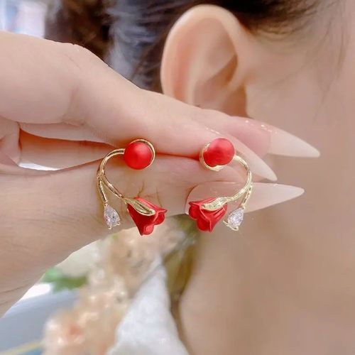 Longer Style Light Luxury Red Micro-Inlaid Zircon Tulip Flower & Pearl Drop Earrings