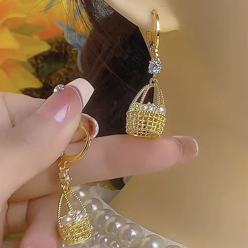 Women's Golden Pearl Zircon Flower Basket Huggie Earrings - Luxury, Fashionable, Elegant & Versatile