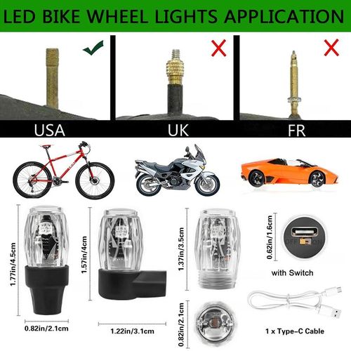 4PCS USB Rechargeable LED Tire Valve Lights Waterproof RGB Flashing Wheel Lights for Bicycles Motorcycles and Cars USA Valve Compatible