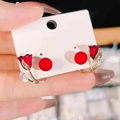 Longer Style Light Luxury Red Micro-Inlaid Zircon Tulip Flower & Pearl Drop Earrings