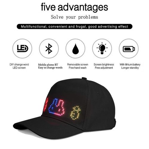 Smart LED Programmable Baseball Cap App Controlled RGB Pixel Display Hat with DIY Animation Text for Concerts Parties