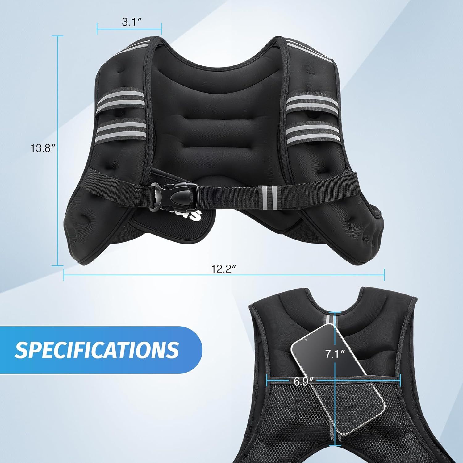 ZELUS Weighted Vest, 6lb 8lb 12lb 16lb 20lb 25lb 30lb Weight Vest with Reflective Stripe for Workout, Strength Training, Running, Fitness, Muscle Building, Weight Loss, Weightlifting