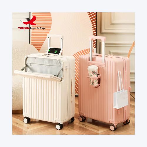 Novo design multifuncional frente aberta mala de viagem leve mala de viagem com carregador USB e porta-copos