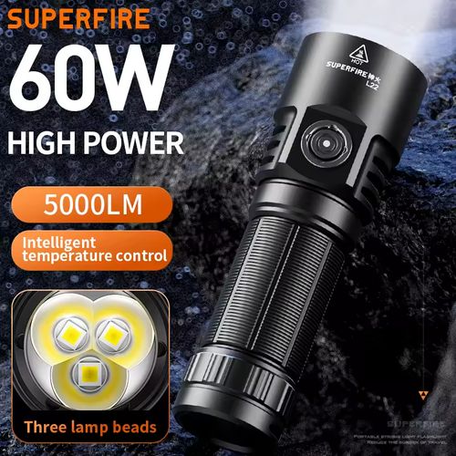 Lanterna L22 de 60w com 5000 lúmens de fluxo alto, super brilhante. Lanterna recarregável potente para trabalhos ao ar livre e corridas de longa distância.