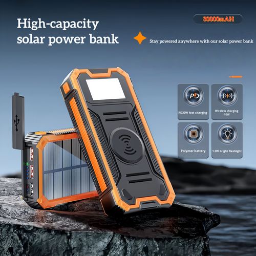 Carregador solar bancário OTHC 888KW de 30.000 mAh portátil com saída de 20W, carregador rápido, lanterninha ultrabrilhante com função de impermeabilidade