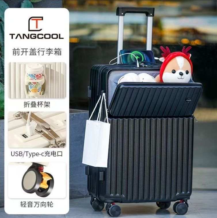 Novo design multifuncional frente aberta mala de viagem leve mala de viagem com carregador USB e porta-copos