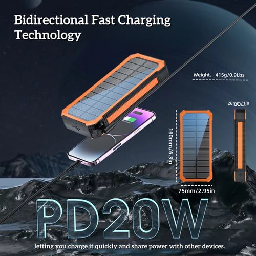 Carregador solar bancário OTHC 888KW de 30.000 mAh portátil com saída de 20W, carregador rápido, lanterninha ultrabrilhante com função de impermeabilidade