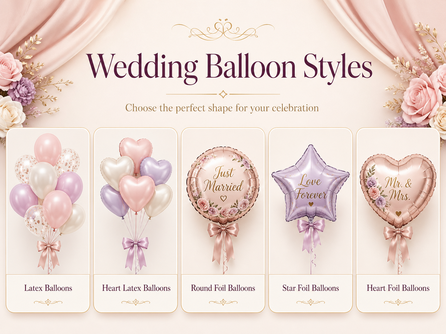 Ready to create wedding balloons call to action banner with romantic balloons, floral decoration, cake and gifts