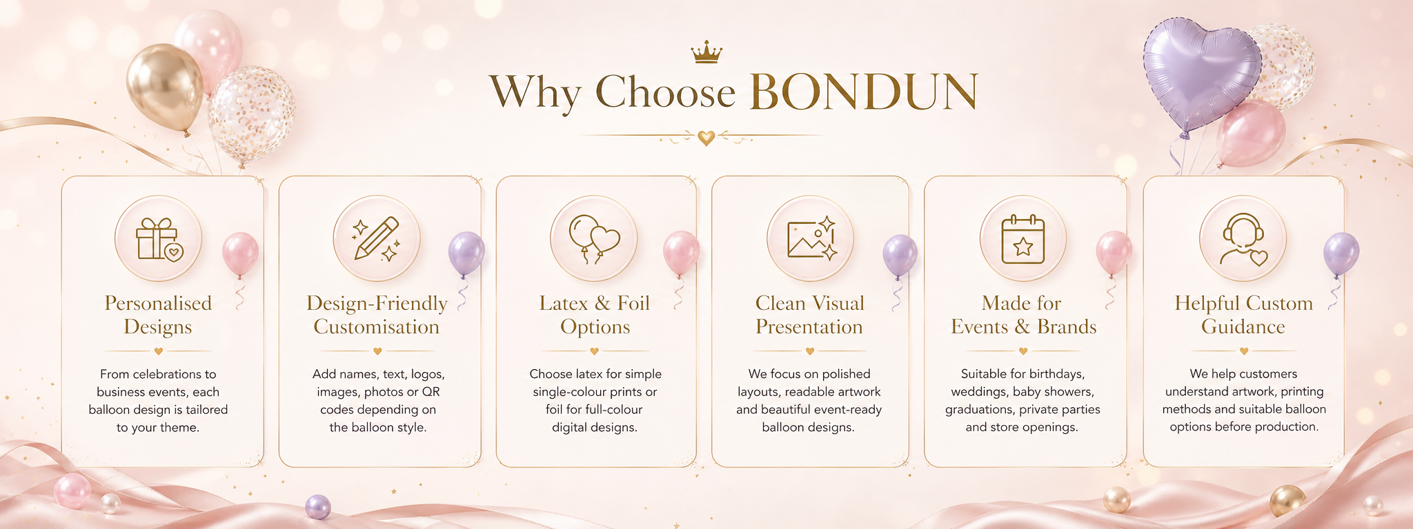 Why choose BONDUN section with personalised designs, design friendly customisation, latex and foil options, clean visual presentation, event ready balloons and helpful custom guidance