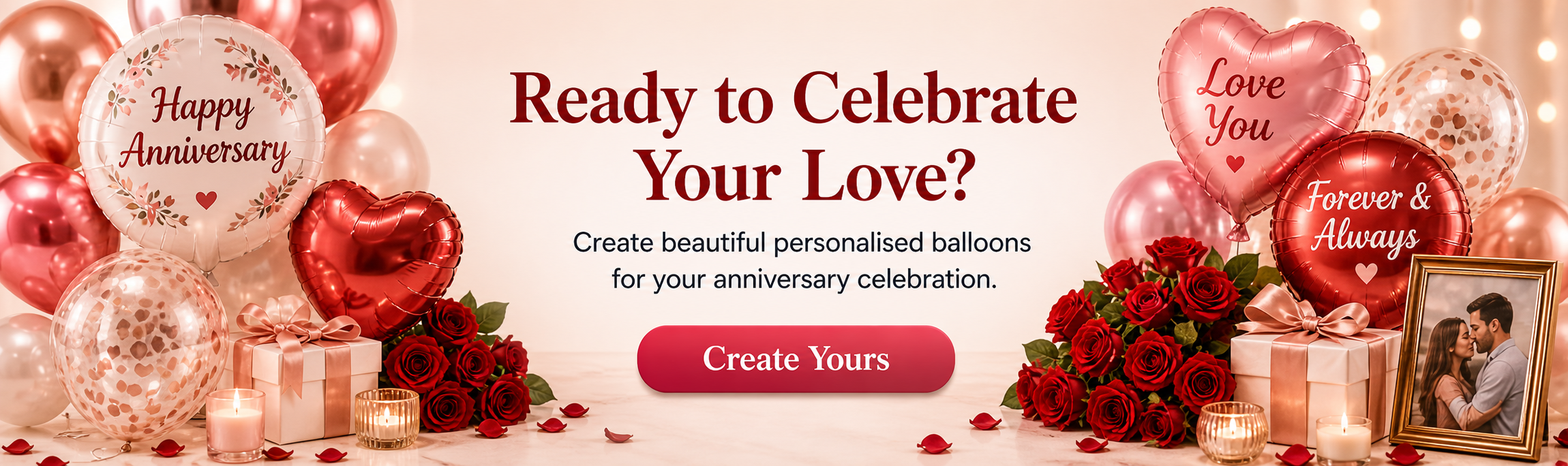 Anniversary balloon styles including latex balloons, heart latex balloons, round foil balloons, star foil balloons and heart foil balloons