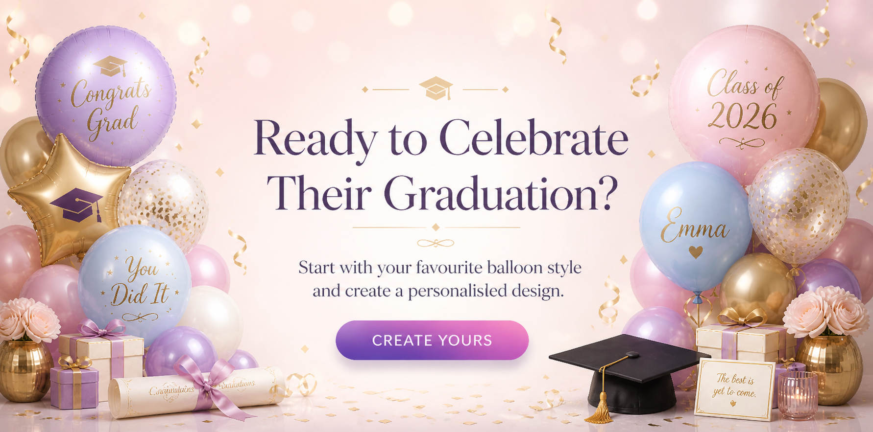 Graduations custom balloons hero banner with personalised graduation balloons, diploma, graduation cap, gift boxes and elegant celebration decor