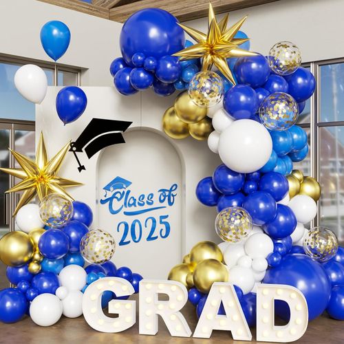 Graduation Balloon Arch Set Includes Blue White and Gold Balloon Arch Decorations Suitable for Class of 2025 Decorations