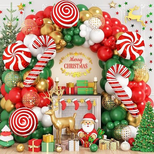 167PCS Christmas Balloon Garland Arch Kit, Red Green White Gold Balloons Arch Kit with Large Candy Cane Swirl Mylar Foil Balloons Xmas Party Garland Balloons, Rich for Christmas Party Decorations