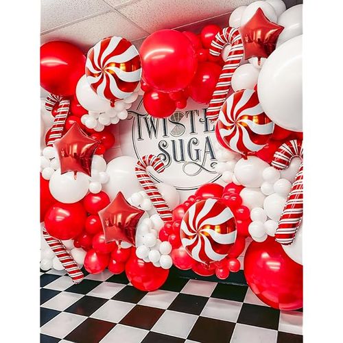 Christmas Balloon Garland Arch Kit,125PCS Red White Xmas Balloons with Red Star Balloons Candy Cane, Gift Box, Big Foil Balloon for New Year Merry Christmas in July Party Decorations