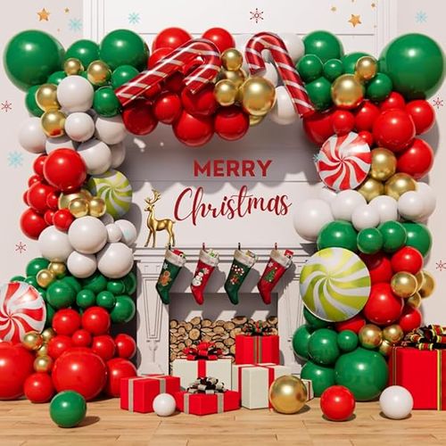 Christmas Balloon Arch Garland Kit 160pcs Red Green Gold Balloons With Candy Cane Swirl Foil Balloons Xmas Merry Christmas Friendsmas Santa Claus Ugly Sweater Party Decoration (Green)