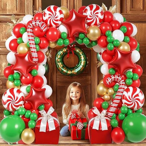 143 Pieces Christmas Balloons Garland Arch Kit - Red, White, Gold & Green Balloons with Gift Box, Candy Cane & Star Shapes for Baby Shower, Birthday & Christmas Parties