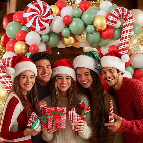 Christmas Balloon Garland Arch Kit,Red Sage Green Gold Sand White Xmas Balloons Gift Box Candy Cane Balloons for Christmas Holiday Baby Shower Birthday Party Decorations