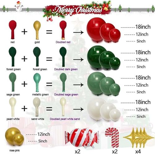 Christmas Red and Green Balloon Garland Arch Kit Pearl White Gold Foil Candy Cane Balloons With Gold 4-Point Star Balloons For Christmas Party Decorations