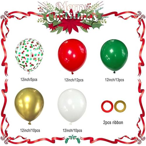 Christmas Party Balloons, 50 Pcs Green Red Gold White Confetti Balloons for New Year, Merry Christmas, Birthday Party Decorations