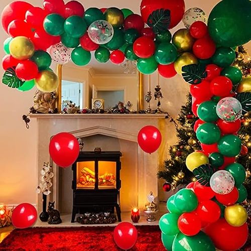 Red and Green Balloons 50 Pcs 12 Inch Christmas Latex Balloons Set Green Red Confetti Balloons with 2 rolls of ribbon for Christmas Holiday Party Decoration