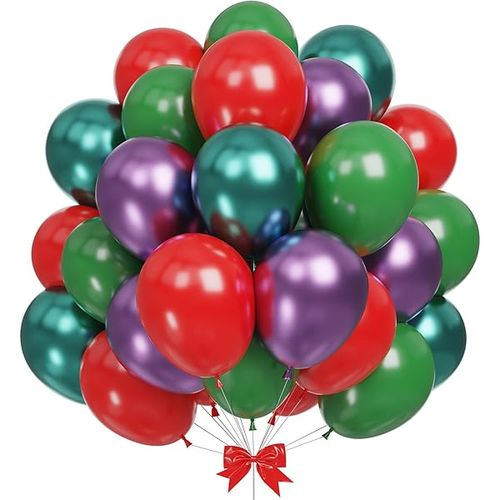 Christmas Balloons, 60pcs 12Inch Red Green Purple Merry Christmas Balloons with Metallic Purple Green Xmas Party Balloon for Christmas Birthday New Year Carnival Party Decorations and Supplies Red Green Metallic Purple Green