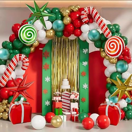 Christmas Balloon Garland Arch Kit,Red Green Gold Foil Balloons with Star Gift Box Candy Cane Balloons for Christmas New Year Birthday Xmas Holiday Party Decorations
